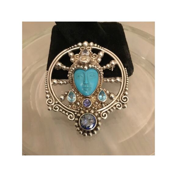SAJEN Turquoise Face Goddess Sterling Blue Topaz/Multi Gemstone Pendant/Brooch - Picture 4 of 4